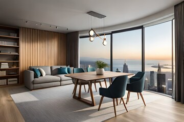 Spacious living room interior with a corner sofa and armchair next to a dining table with chairs standing by the window