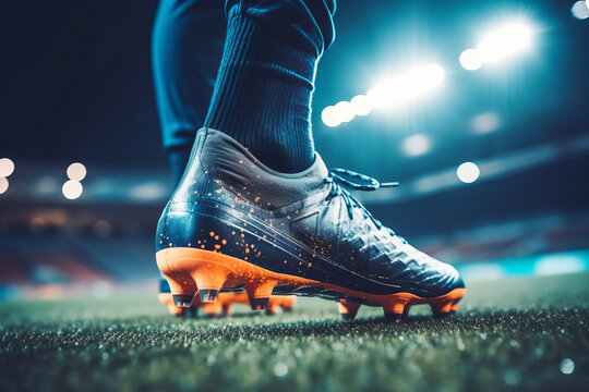 Legs of a soccer player with booties on his feet standing on the grass of the pitch close-up photo. generative ai