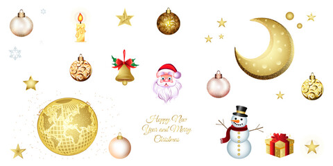 christmas sticker set in gold flowers, candle, santa, moon, planet earth, christmas balls, gift, gold box with red bow and stars fabulous image christmas attribute on transparent background