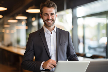 Businessman smiling at the camera while holding a laptop