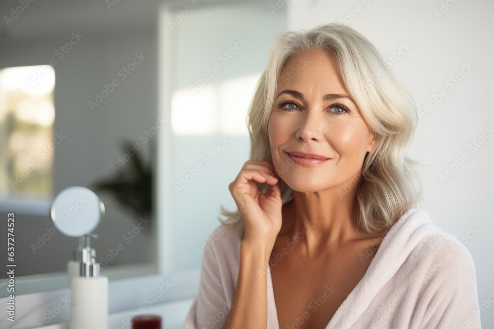 Wall mural headshot of gorgeous mid age adult 50 years old blonde woman standing in bathroom after shower touch