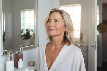 Headshot of gorgeous mid age adult 50 years old blonde woman standing in bathroom after shower touching face, looking at reflection in mirror doing morning beauty routine. Older skin care concept.