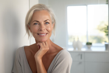 Headshot of gorgeous mid age adult 50 years old blonde woman standing in bathroom after shower touching face, looking at reflection in mirror doing morning beauty routine. Older skin care concept.