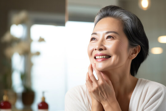 Headshot of gorgeous mid age adult 50 years old Asian woman standing in bathroom after shower touching face, looking at reflection in mirror doing morning beauty routine. Older skin care concept.