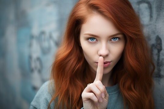 Hipster teen gen z redhead girl showing shh sign finger gesture asking to keep secret, be hush silent or privacy silence on urban wall background. Teenage problem secrecy concept. Close up portrait