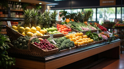 wide angle view of supermarket store interior with fresh fruits and vegetables on display, - obrazy, fototapety, plakaty
