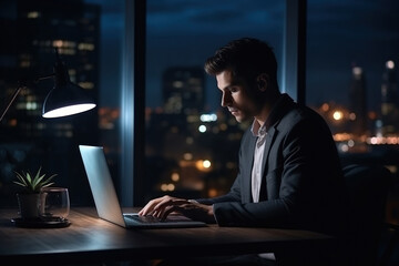 Young busy Latin business man executive working on laptop at night in dark corporate office. Professional businessman manager using computer sitting at table, big city evening view