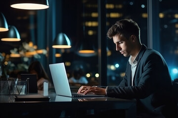 Young busy Latin business man executive working on laptop at night in dark corporate office. Professional businessman manager using computer sitting at table, big city evening view