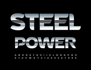 Vector modern Emblem Steel Power. Metallic Glossy Font. Chrome Alphabet Letters and Numbers set