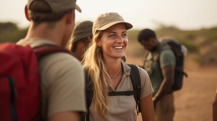 Obraz premium Smiling blonde female explorer talking to her colleagues