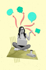 Creative collage of funny young business lady call coworkers roaming answer all customers sitting with laptop isolated on green background