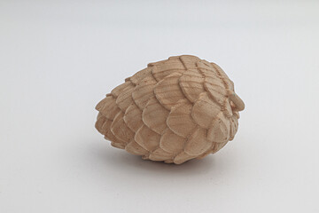 Close up of hand carved wooden pine cone