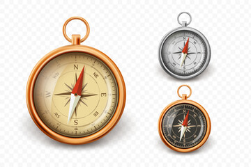 Vector metal retro compasses. Isolated on a transparent background.