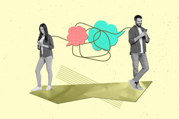 Collage artwork doodle lined connection remote texting of two young friends hold phone messenger...