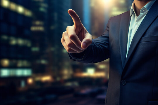 A business man dressed in a classic tri suit points his index finger to an empty space for a logo or inscription. IT company or business center concept. generative ai
