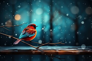 A little bird on tree branch with snow and bokeh background.