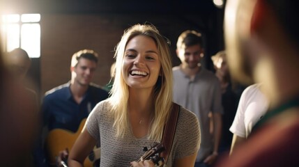 Smiling blonde female musician talking to her colleagues - obrazy, fototapety, plakaty
