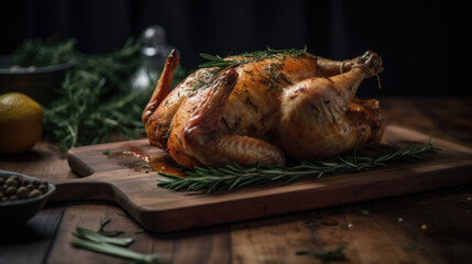 uncooked, fresh, and complete chicken placed on a wooden board along with thyme and rosemary