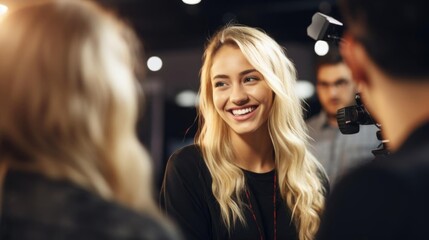 Smiling blonde female photographer talking to her colleagues - obrazy, fototapety, plakaty