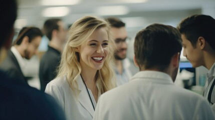 Fototapeta premium Smiling blonde female researcher talking to her colleagues