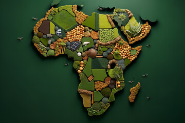 An artful arrangement of footballs of different sizes creates the silhouette of the African continent on a lush grassy expanse - obrazy, fototapety, plakaty