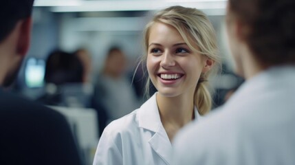 Fototapeta premium Smiling blonde female scientist talking to her colleagues