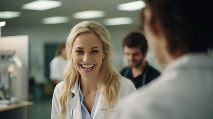 Smiling blonde female veterinarian talking to her colleagues - obrazy, fototapety, plakaty