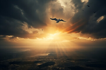 Obraz premium Stormy landscape with light rays crossing the clouds and the horizon, and a bird flying at a high altitude
