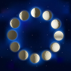 Fototapeta premium 3D render Moon phases. Realistic night space astronomy and nature moon phases sphere shadow. The whole cycle from new moon to full moon. Vector illustration in clay style. Earth satellite