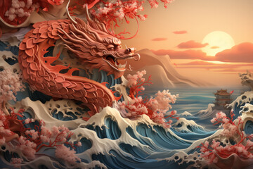 Fototapeta na wymiar Chinese new year concept paper art style background. Dragon and cherry blossom red background.
