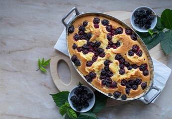 Homemade pie with blackberries and custard, sour cream topping in a rustic pan with copy space
