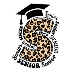 Senior phrase with leopard handdrawn letter and hat. Design for students.