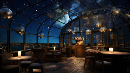 rooftop bar with a glass roof and celestial projections - Powered by Adobe