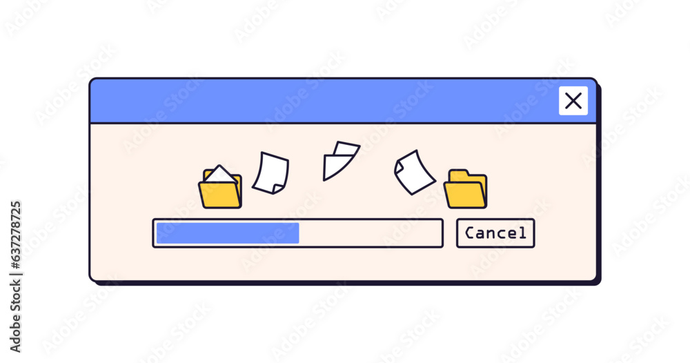 Poster File copy, save process, window in retro style. 90s UI design. Data and information, documents moving between computer folders, progress. Flat graphic vector illustration isolated on white background