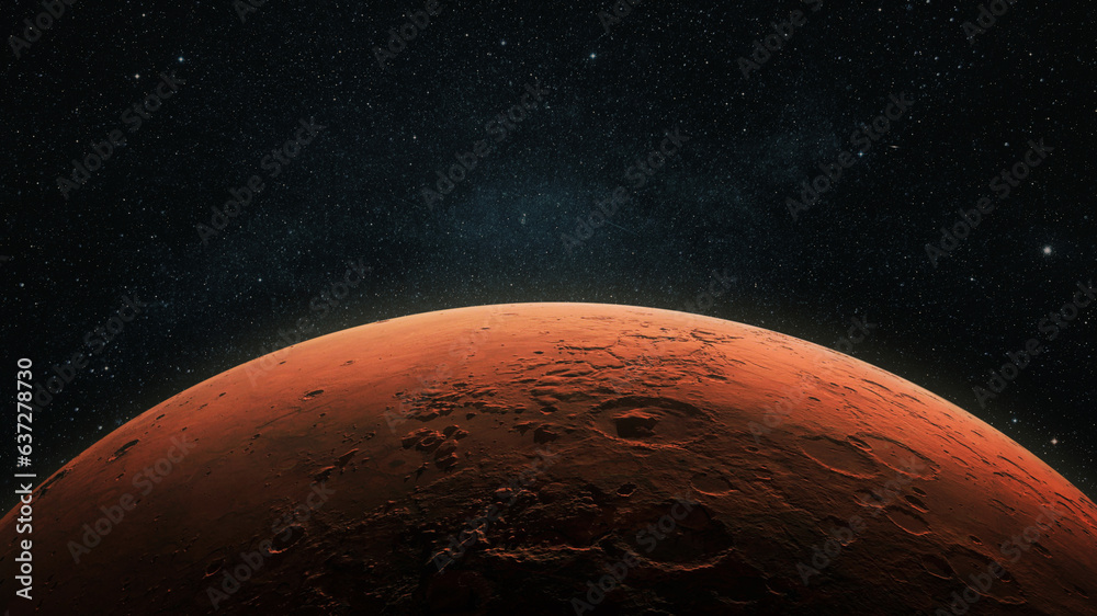 Poster Amazing red planet Mars in deep stellar space. Journey to Mars Concept. Mars in the starry sky. Red planet in space