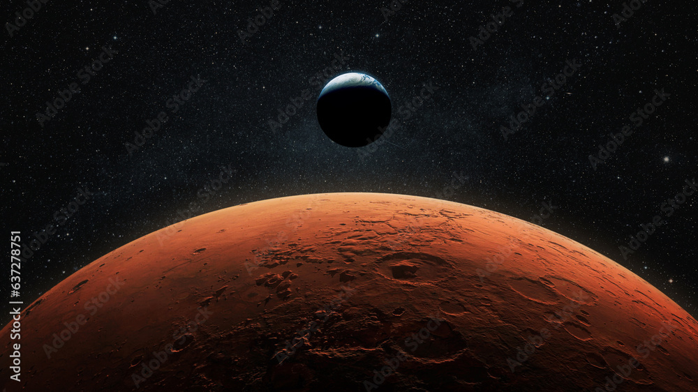 Aufkleber View of planet earth from Mars. Mars, the red planet with detailed surface features and craters in deep space. Blue Earth planet in outer space. mars and earth, concept.