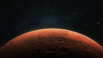 Amazing red planet Mars in deep stellar space. Journey to Mars Concept. Mars in the starry sky. Red planet in space