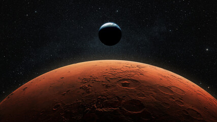 View of planet earth from Mars. Mars, the red planet with detailed surface features and craters in deep space. Blue Earth planet in outer space. mars and earth, concept. - obrazy, fototapety, plakaty