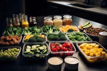 Healthy boxed diet on the table in an apartment, full of vegetables and healthy snacks. - obrazy, fototapety, plakaty