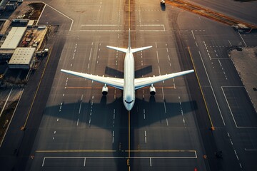 Aerial drone view on passenger airplane on runway