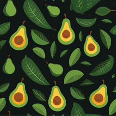 Seamless pattern whole and sliced avocado on dark green background, Vector illustration