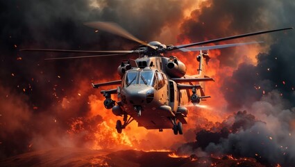 Military Helicopter in Action with Fiery Background Effects