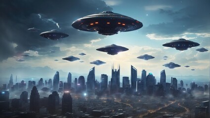 An armada of UFOs looms over the downtown area, colossal alien spacecraft casting shadows on the city. - obrazy, fototapety, plakaty