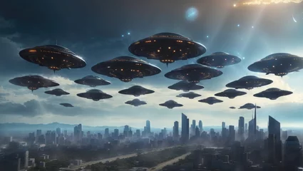 Fototapete UFO An armada of UFOs looms over the downtown area, colossal alien spacecraft casting shadows on the city.