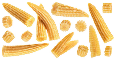 Pickled mini corn isolated on white background. Collection with clipping path.