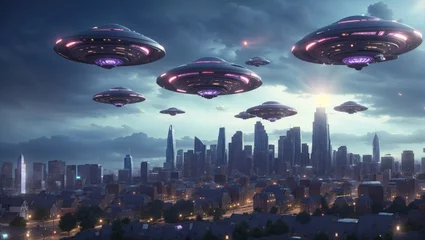  An armada of UFOs looms over the downtown area, colossal alien spacecraft casting shadows on the city. © Famahobi
