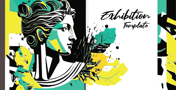 Exhibition poster or banner template. Art objects. Classical and contemporary painting, sculpture and music. Plaster bust, statues and abstract shapes, spots and lines. Vector.