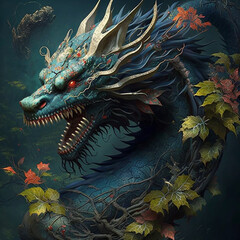 Fototapeta na wymiar Hidden dragon deity in the natural world, illustration art, Generative AI