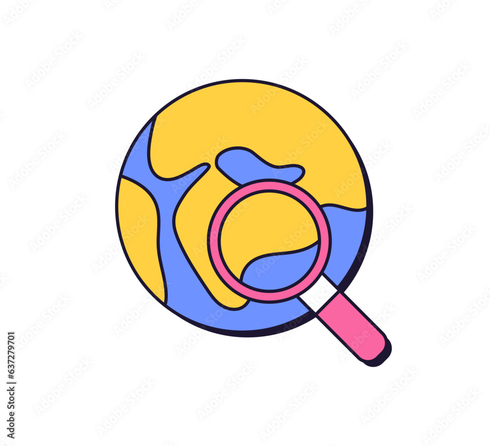 Poster earth globe and magnifying glass, lens, retro 90s icon. global search, world internet concept. magni
