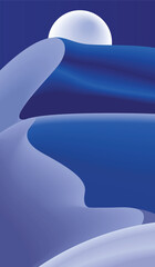 Abstract vector with desert dunes and Moon, Night, Cold, Blue sky.